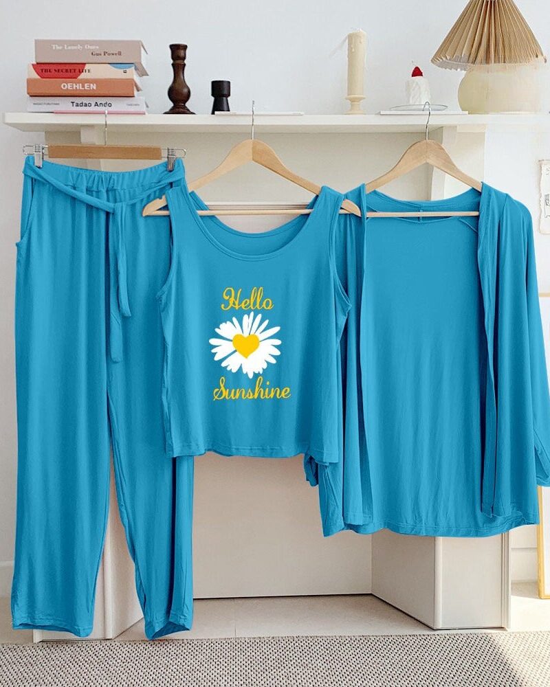 Ice Blue Sunshine Lily Long Sleeve Gown with Sleeveless Inner (Complete Set) - Night Dress & Loungewear for Women & Girls (PJ Suit)3 Pieces