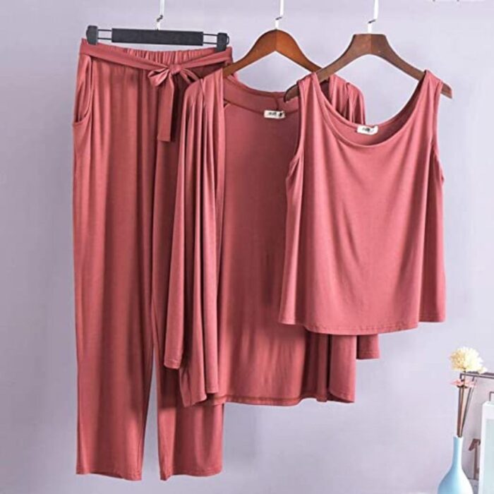 Hot Pink Long Sleeve Gown with Sleeveless Inner (Complete Set) - Night Dress & Loungewear for Women & Girls (PJ Suit) 3 Pieces