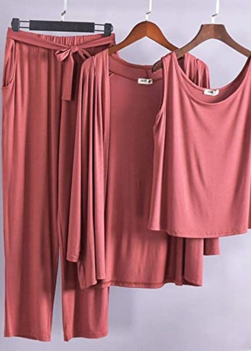 Hot Pink Long Sleeve Gown with Sleeveless Inner (Complete Set) - Night Dress & Loungewear for Women & Girls (PJ Suit) 3 Pieces