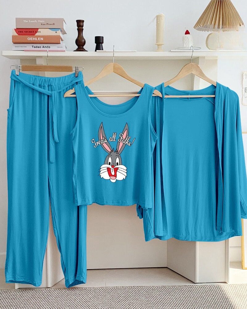 Ice Blue Bunny Long Sleeve Gown with Sleeveless Inner(Complete Set) - Night Dress & Loungewear for Women & Girls (PJ Suit) 3 Pieces