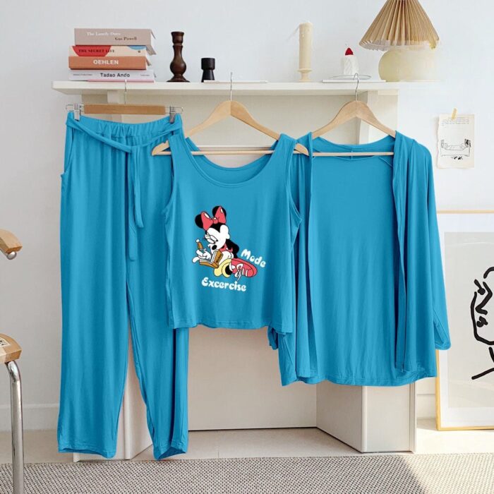 Ice Blue Mickey Long Sleeve Gown with Sleeveless Inner (Complete Set) - Night Dress & Loungewear for Women & Girls (PJ Suit) 3 Pieces