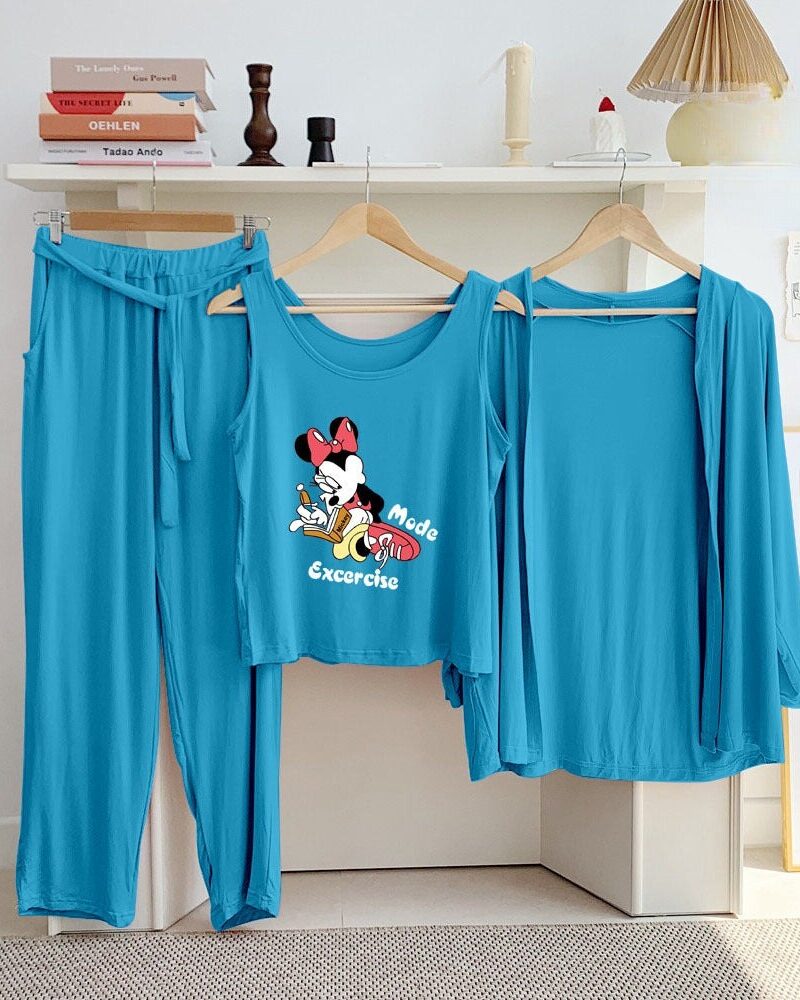 Ice Blue Mickey Long Sleeve Gown with Sleeveless Inner (Complete Set) - Night Dress & Loungewear for Women & Girls (PJ Suit) 3 Pieces