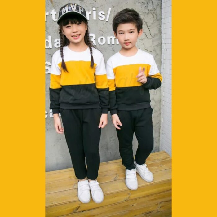 Kids Yellow & Black Color Sweatshirt With Trouser Tracksuit For Baby & Baba Both - Image 2