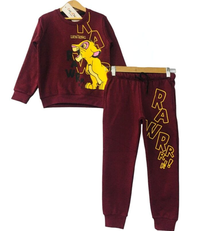 Maroon Lion Roar Print Sweatshirt With Trouser Tracksuit For Kids Baby & Baba Both - Image 2
