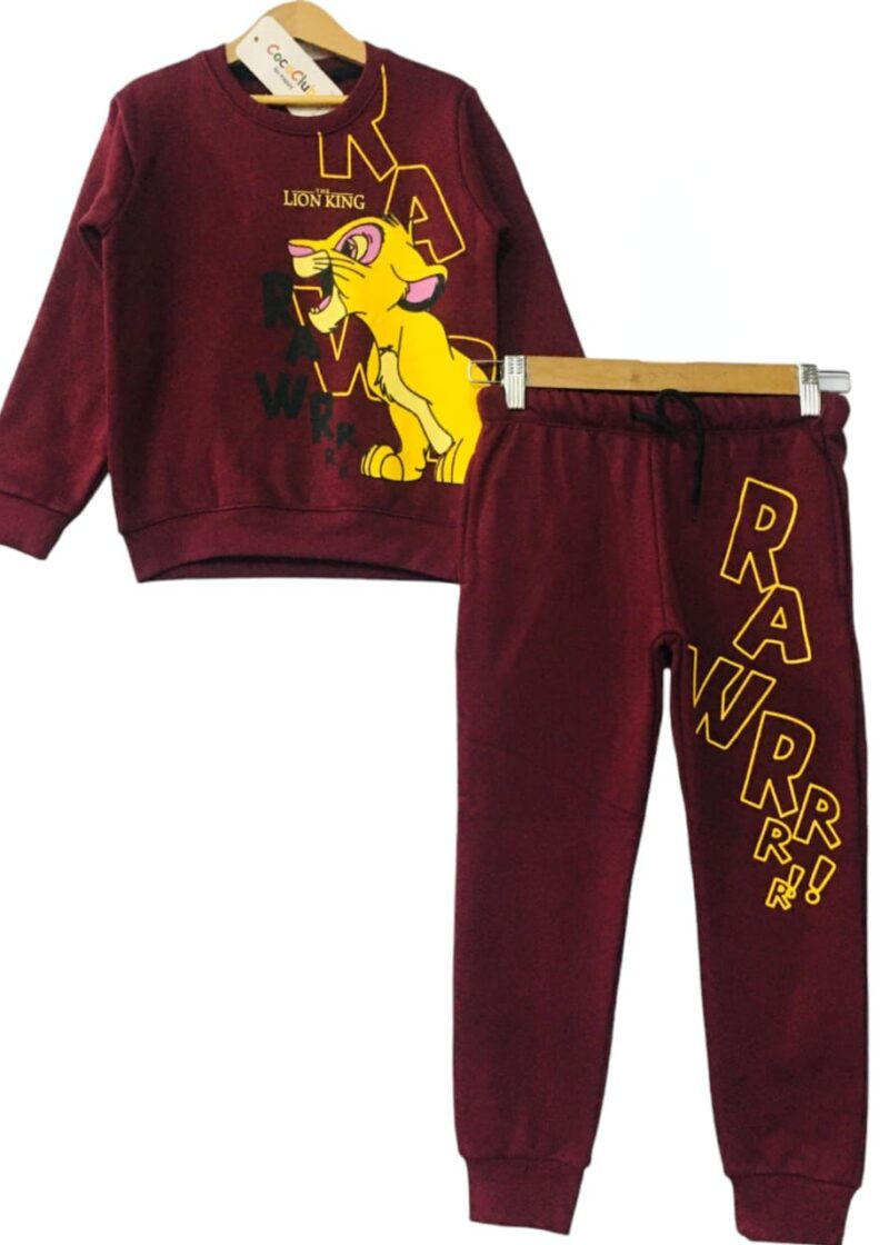 Featured image for ‘Maroon Lion Roar Print Sweatshirt With Trouser Tracksuit For Kids Baby & Baba Both’