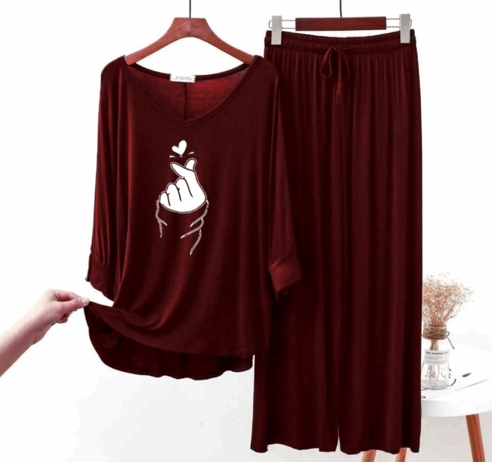 Maroon K-Pop Heart V-Neck Women Tshirt with Loose Trouser (2PcComplete Set) - Night Dress & Loungewear for Women & Girls (PJ Suit)