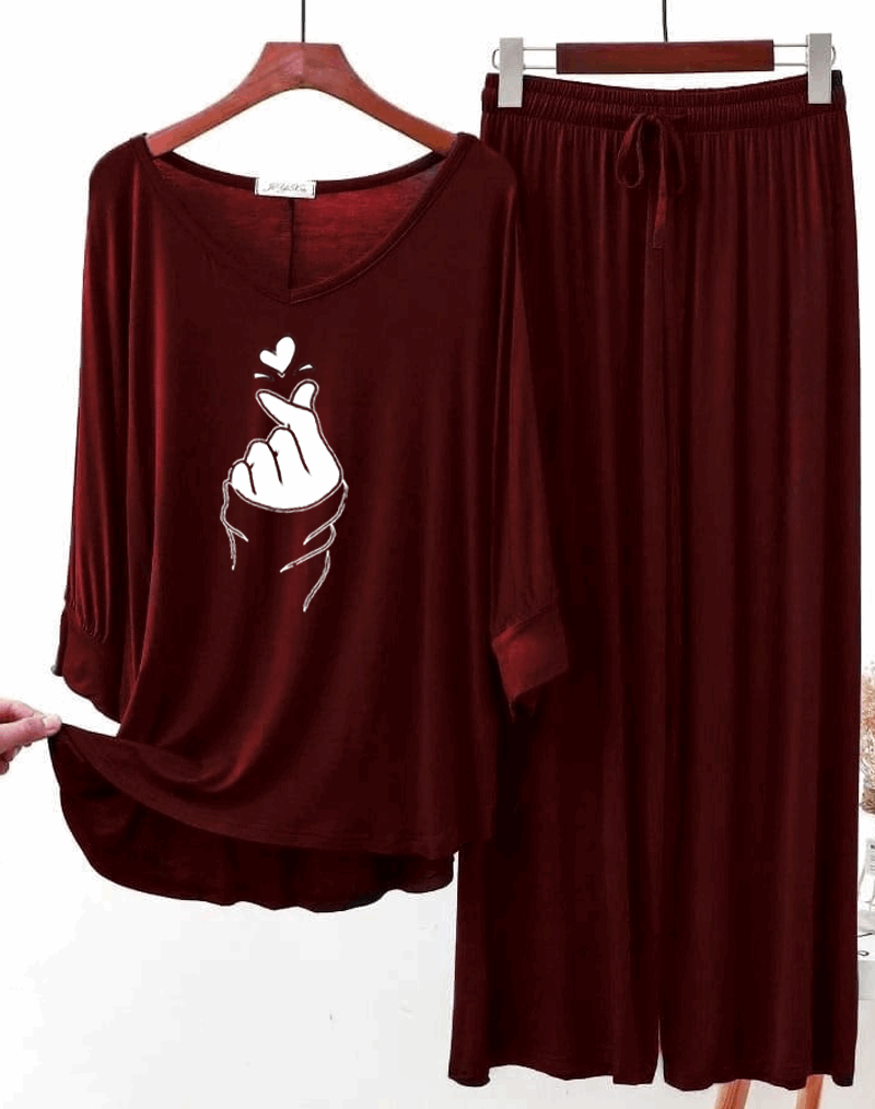 Maroon K-Pop Heart V-Neck Women Tshirt with Loose Trouser (2PcComplete Set) - Night Dress & Loungewear for Women & Girls (PJ Suit)