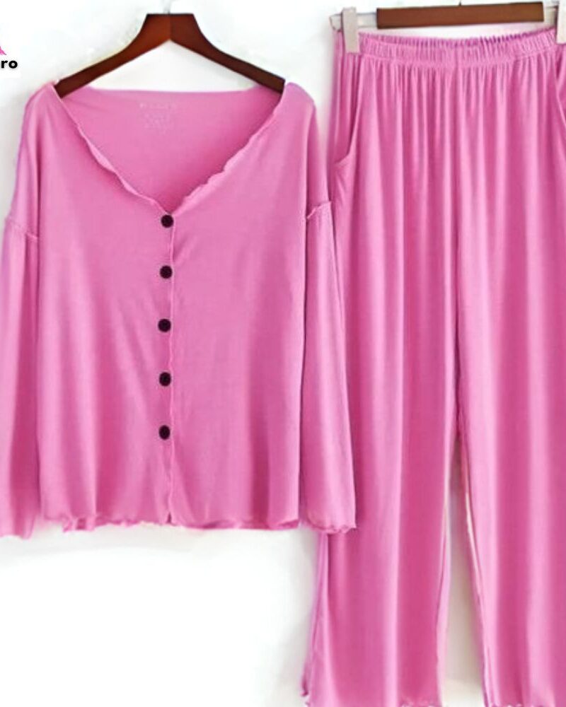 Lush Pink V Neck Button Style Tee & Trouser