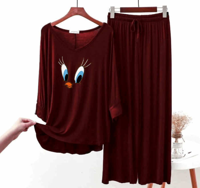 Maroon Daffy Duck Tshirt with Palazzo (2Pc Complete Set) - Night Dress & Loungewear for Women & Girls (PJ Suit)