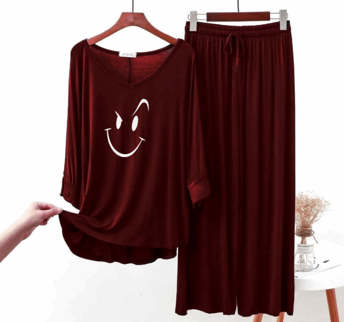 Maroon Smiley Face Women Tee and Palazzo PJ Set
