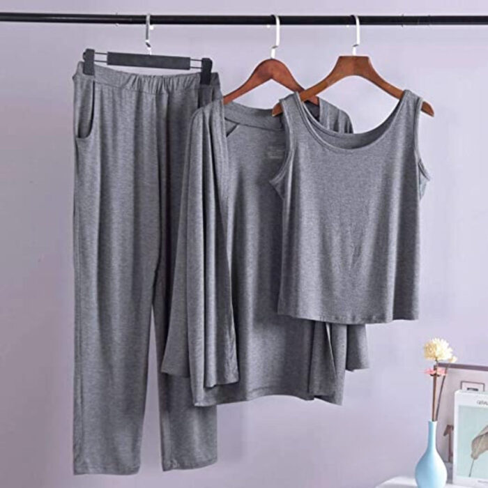 Metallic Grey  Long Sleeve Gown with Sleeveless Inner (Complete Set) - Night Dress & Loungewear for Women & Girls (PJ Suit) 3 Pieces