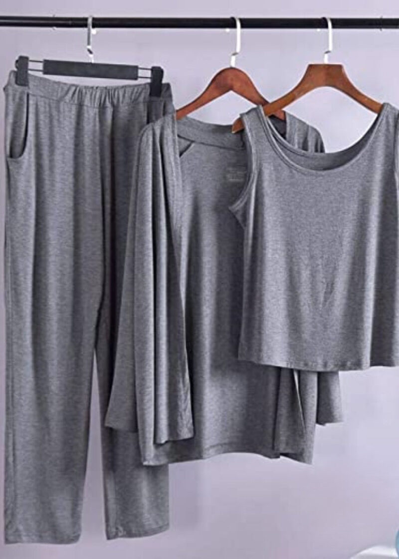 Metallic Grey  Long Sleeve Gown with Sleeveless Inner (Complete Set) - Night Dress & Loungewear for Women & Girls (PJ Suit) 3 Pieces