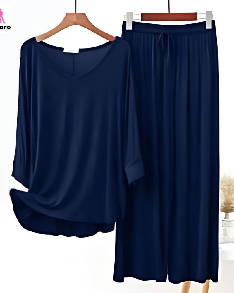 Featured image for ‘Navy Blue Plain V Neck Tee With Lose Style Palazzo’