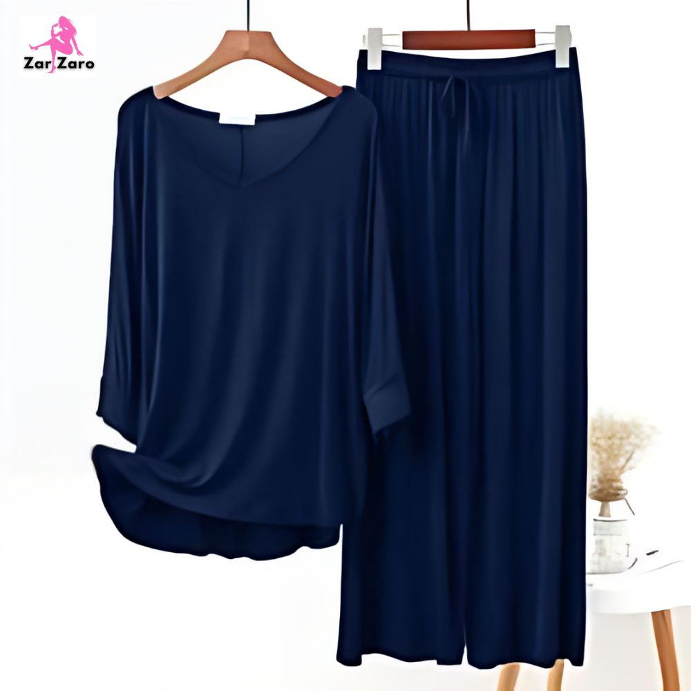 Navy Blue Plain V Neck Tee With Lose Style Palazzo