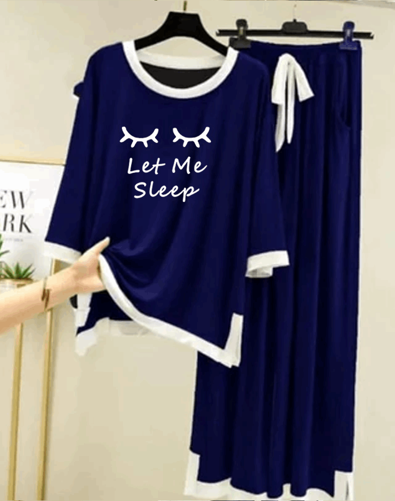 Navy Blue let me sleep White Round Neck Plazzo PJ Set
