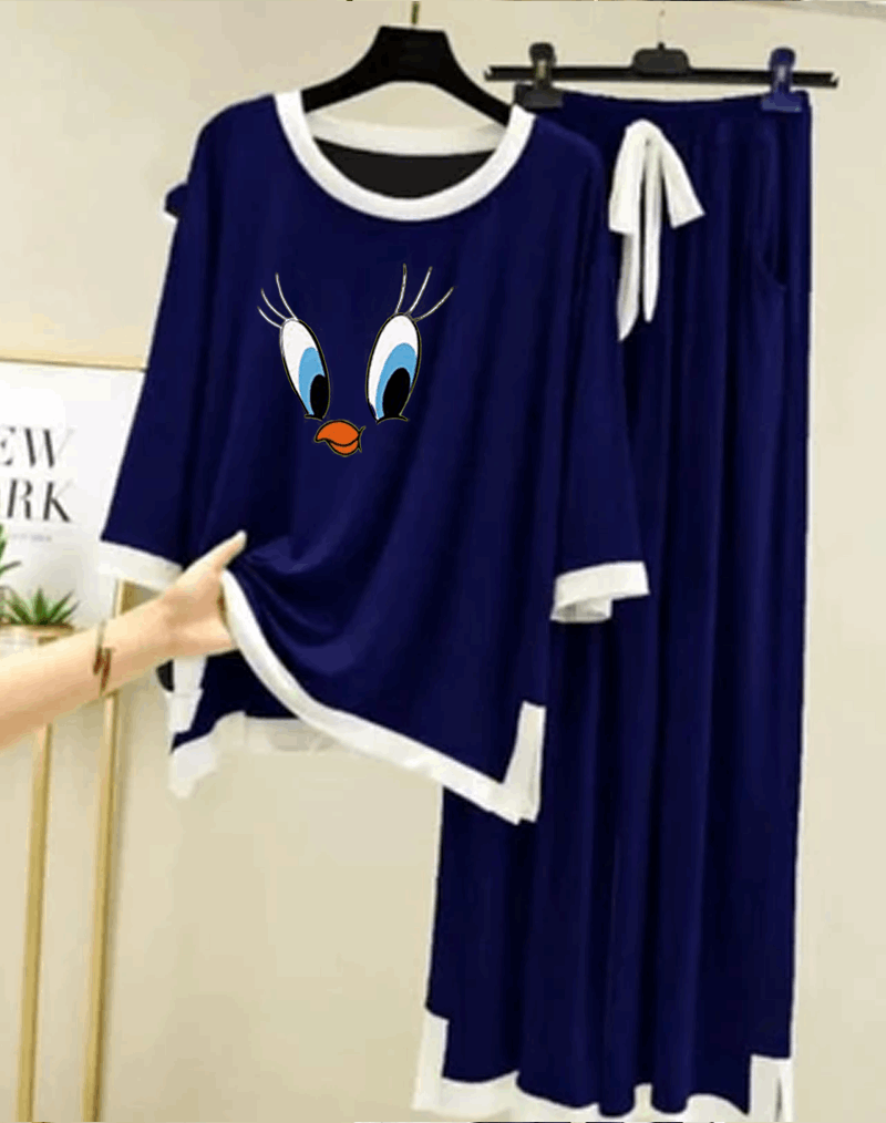 Navy Blue Daffy Duck White Round Neck Plazzo PJ Set