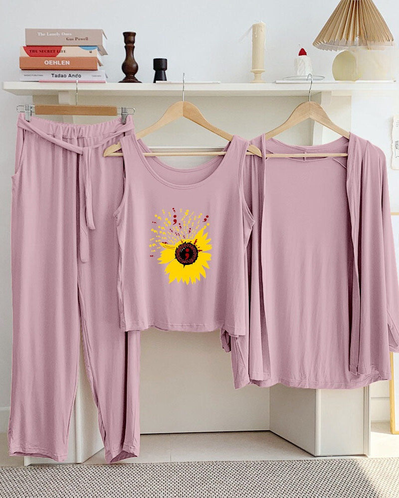 Pink Daisy Long Sleeve Gown with Sleeveless Inner Women Night Suit PJ Set 3 Pieces