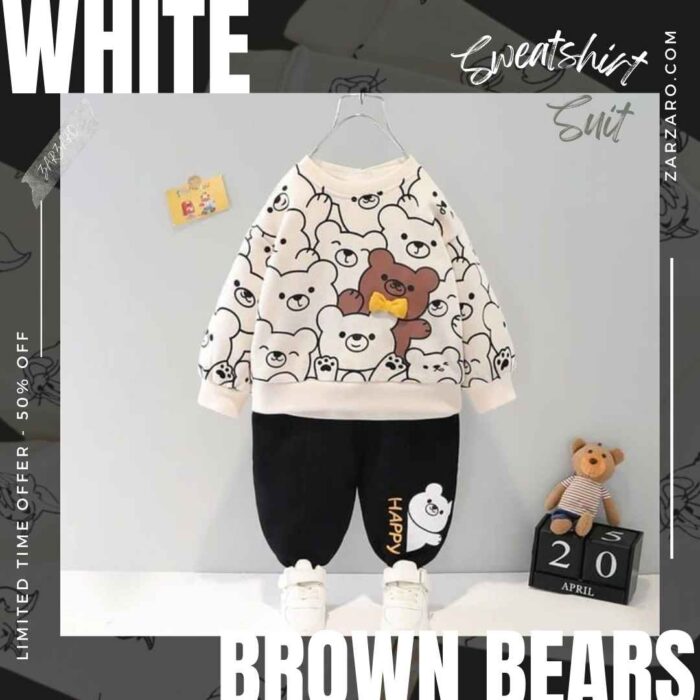 Off White with Brown Bears Print Sweatshirt With Trouser For Kids Baby & Baba Both - Image 2