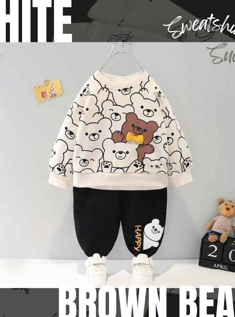 Featured image for ‘Off White with Brown Bears Print Sweatshirt With Trouser For Kids Baby & Baba Both’