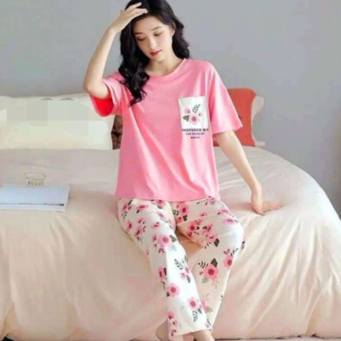Pink Flower Pocket Print Half Sleeves T-shirt With Flowers Printed Pajama PJ Suit