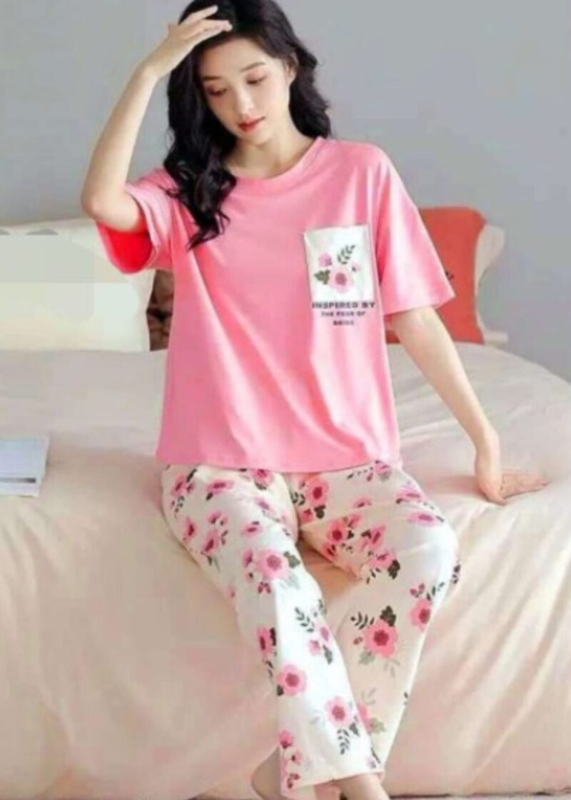 Pink Flower Pocket Print Half Sleeves T-shirt With Flowers Printed Pajama PJ Suit