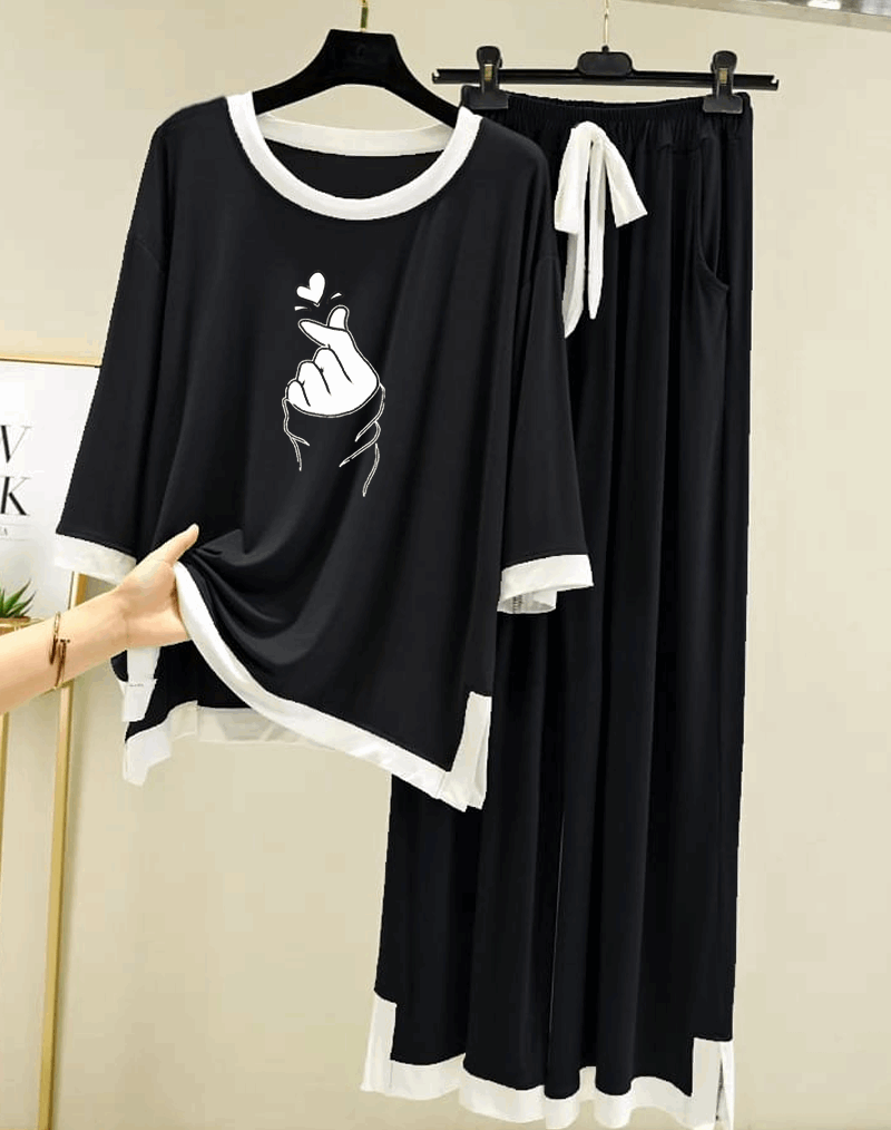 Printed Black Finger Pop Heart White Round Neck Plazzo PJ Set