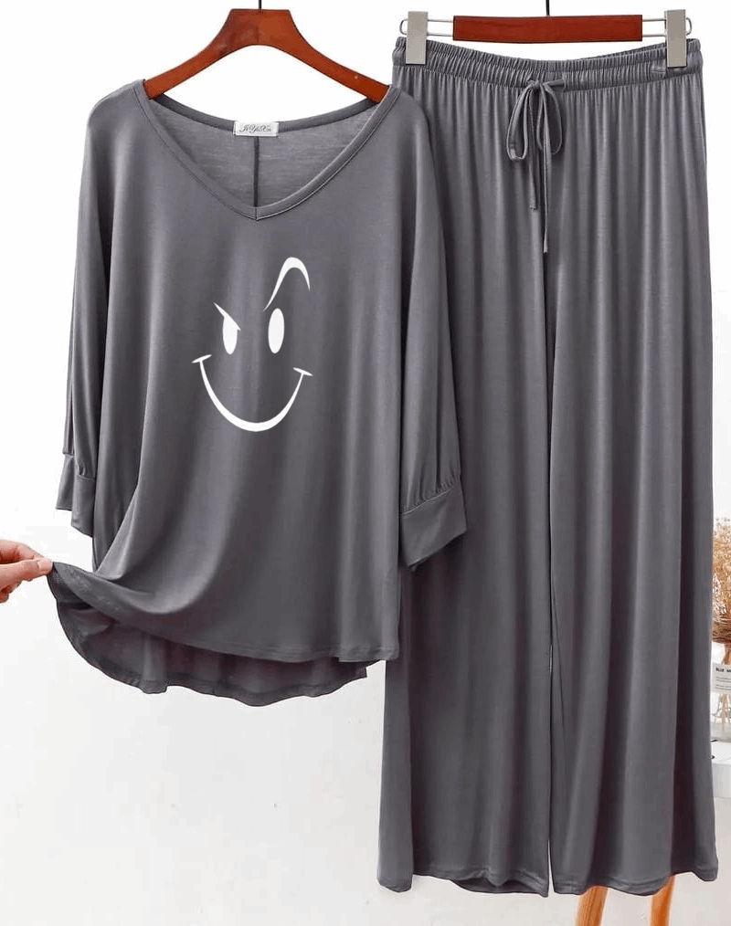 Plain Gray Smiley Face V Neck with Plazzo Pajama Full Sleeves Suit