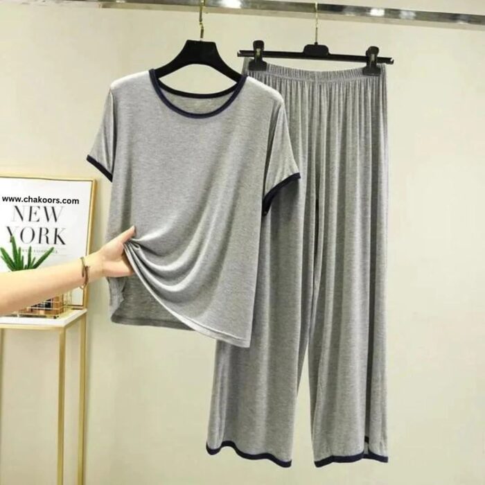 Plain Grey Tshirt With Black Round Neck And Plazzo Pajama (Half Sleeve)