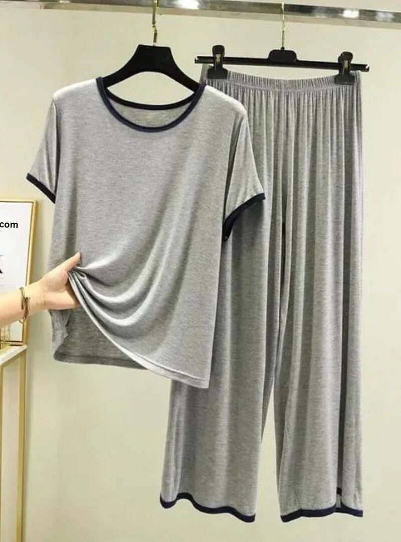 Plain Grey Tshirt With Black Round Neck And Plazzo Pajama (Half Sleeve)