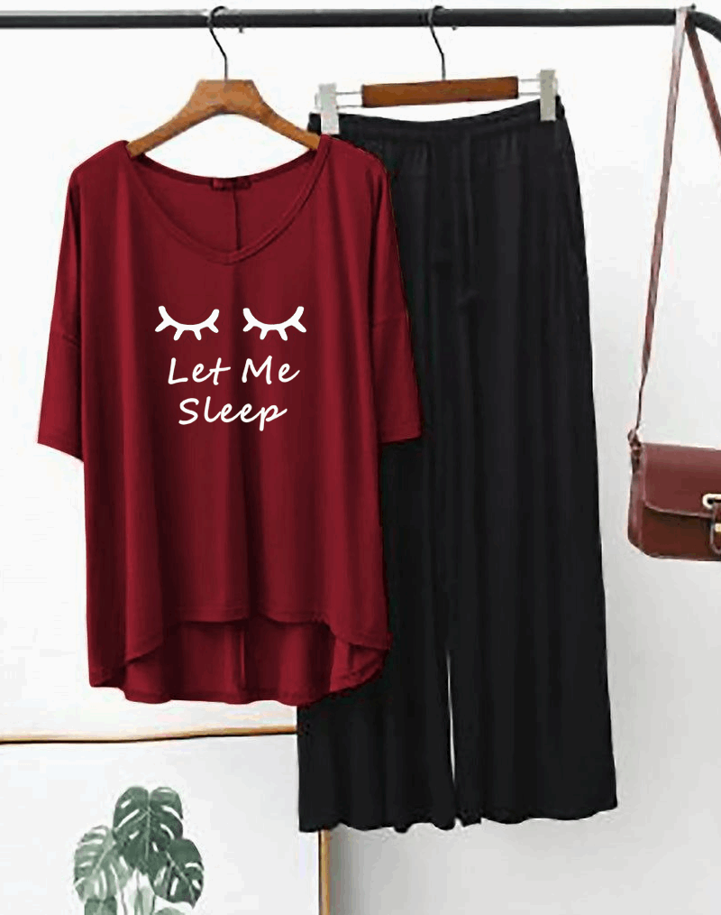 Plain Red let me sleep V Neck T Shirt with Black Plazzo