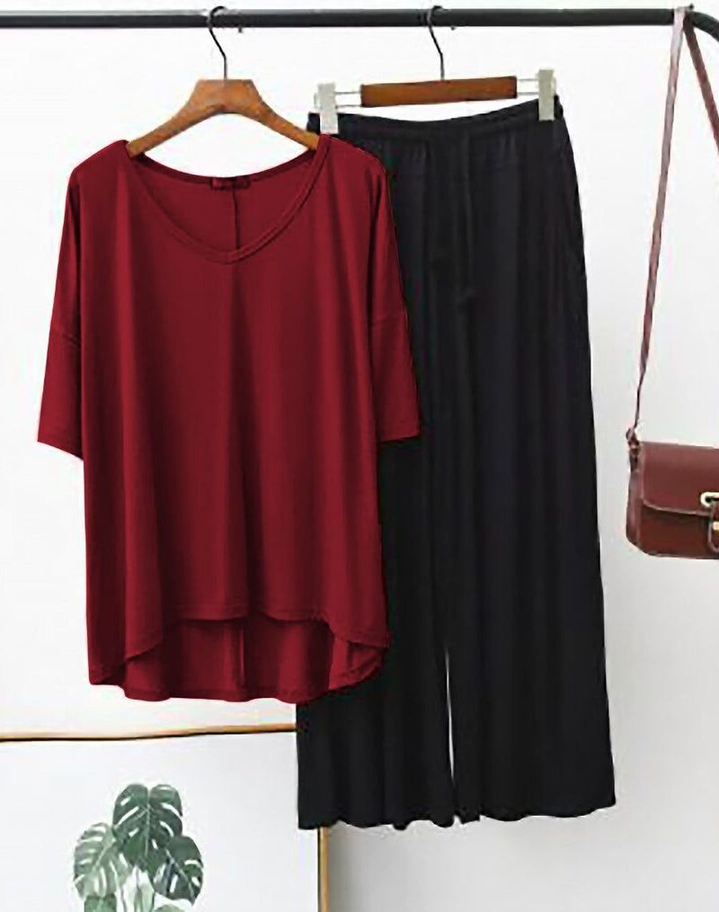Plain Red V Neck T Shirt with Black Plazzo - Nightwear