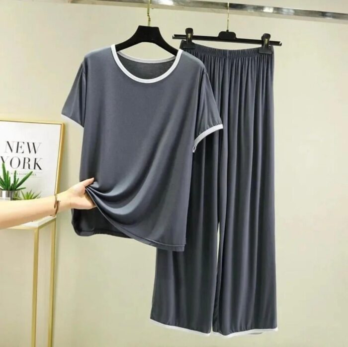 Plain Grey Tshirt With White Round Neck And Plazo Pajama (Half Sleeve)