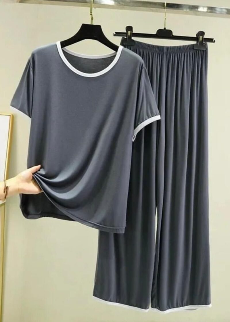 Plain Grey Tshirt With White Round Neck And Plazo Pajama (Half Sleeve)