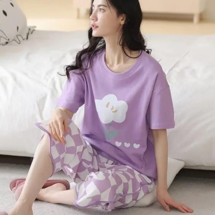 Purple Flower Print Half Sleeves T-shirt With Printed Trouser Suit