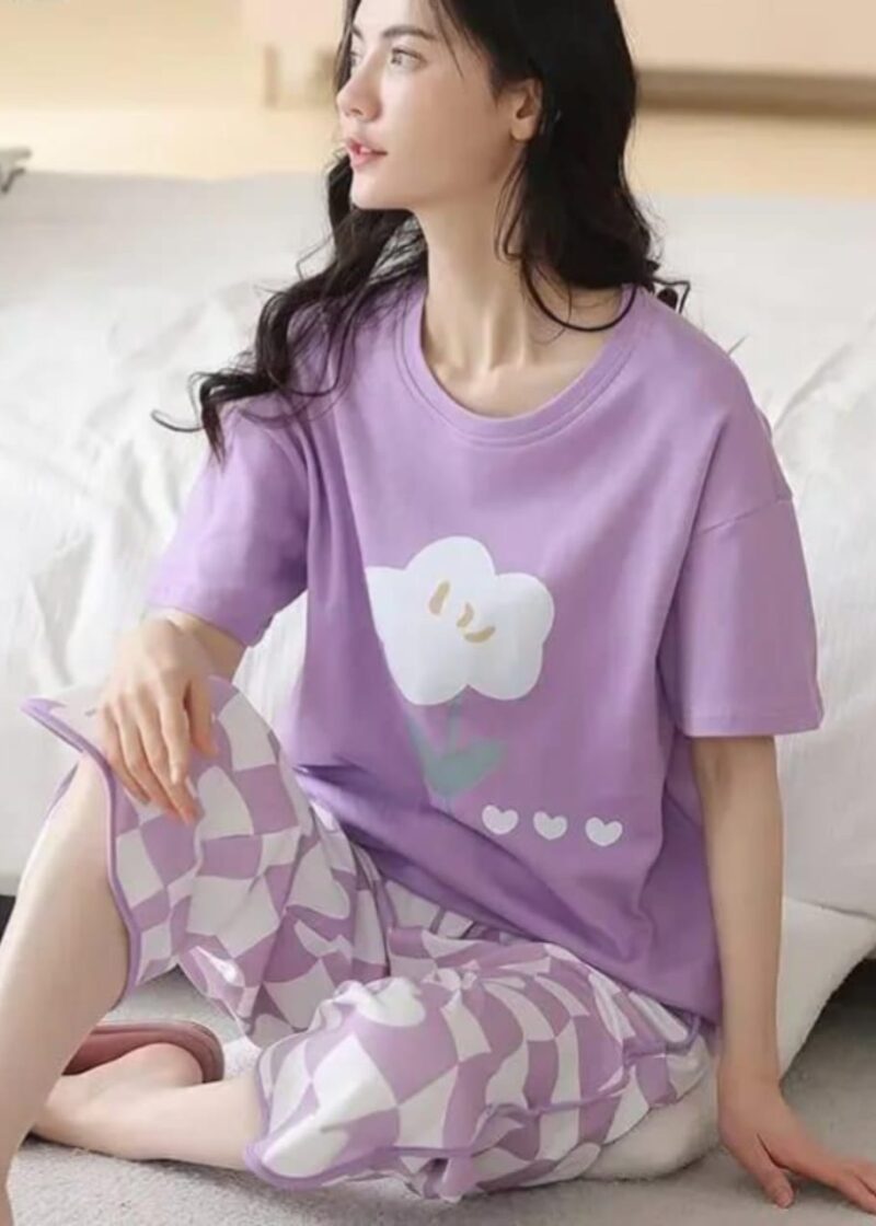 Purple Flower Print Half Sleeves T-shirt With Printed Trouser Suit