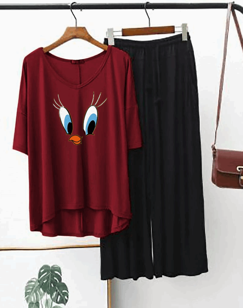 Plain Red Daffy Duck V Neck T Shirt with Black Plazzo