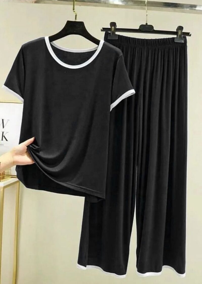 Plain Black Tshirt With White Round Neck And Plazo Pajama (Half Sleeve)