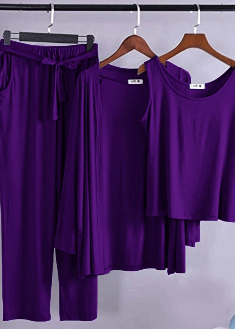 Purple Long Sleeve Gown with Sleeveless Inner Women Night Suit PJ Set 3 Pieces