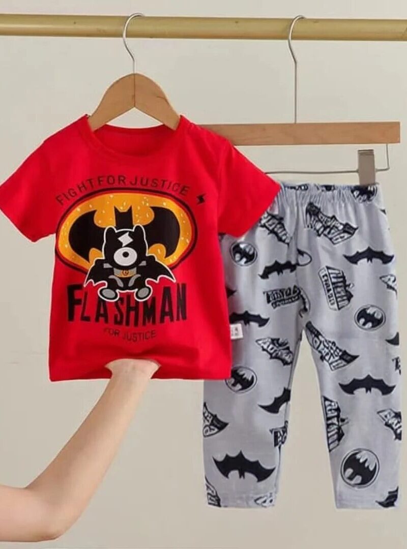 Red Bat Printed Print Half Sleeves T-shirt With Printed Pajama Suit for Kids (Baby Or Baba Both) (1 Pcs) - Kids PJs