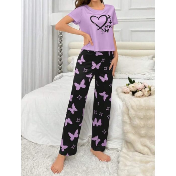 Purple With Black Butterflies Heart Printed T-shirt And Butterflies Printed Trouser Suit - Image 4