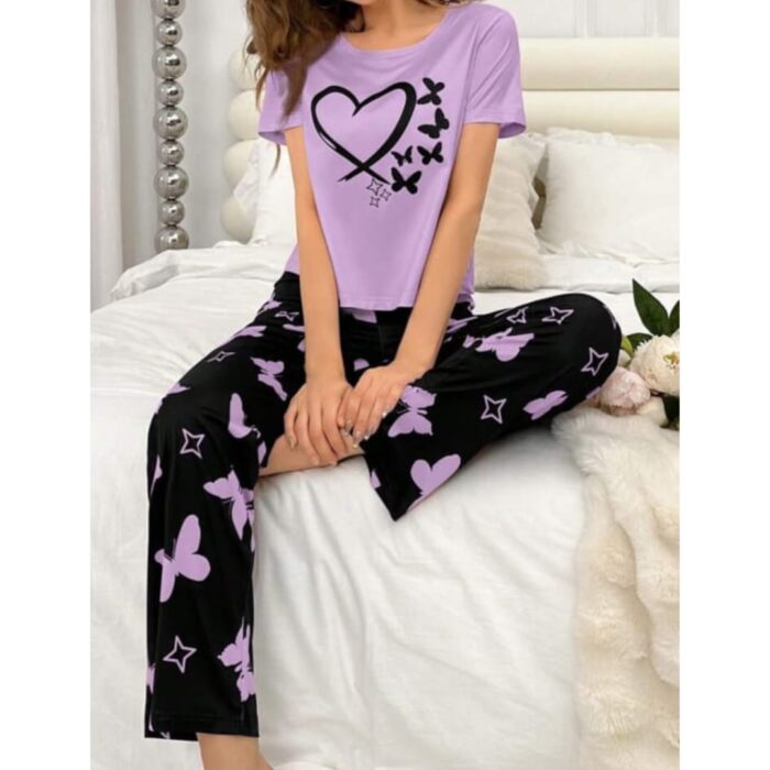Purple With Black Butterflies Heart Printed T-shirt And Butterflies Printed Trouser Suit - Image 3