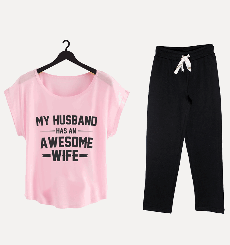 Featured image for ‘PINK ROUND NECK PRINTED TEE & PLAZO – HAS AN AWSM WIFE NIGHTWEAR’