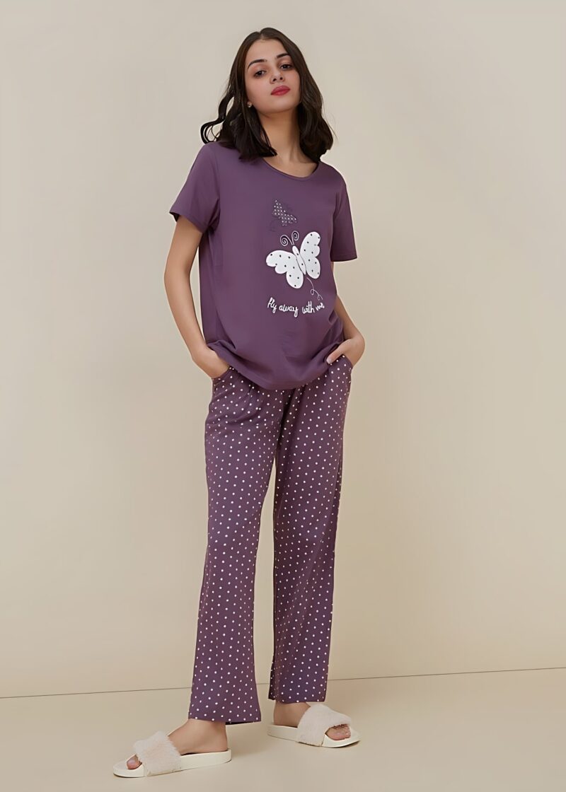 Purple Butterfly Polka Dot Tee with Plazzo Printed PJ Set