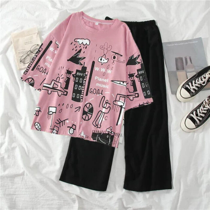 Pink Planet Multi Printed Half Sleeves T-shirt With Plain Black Trouser Suit