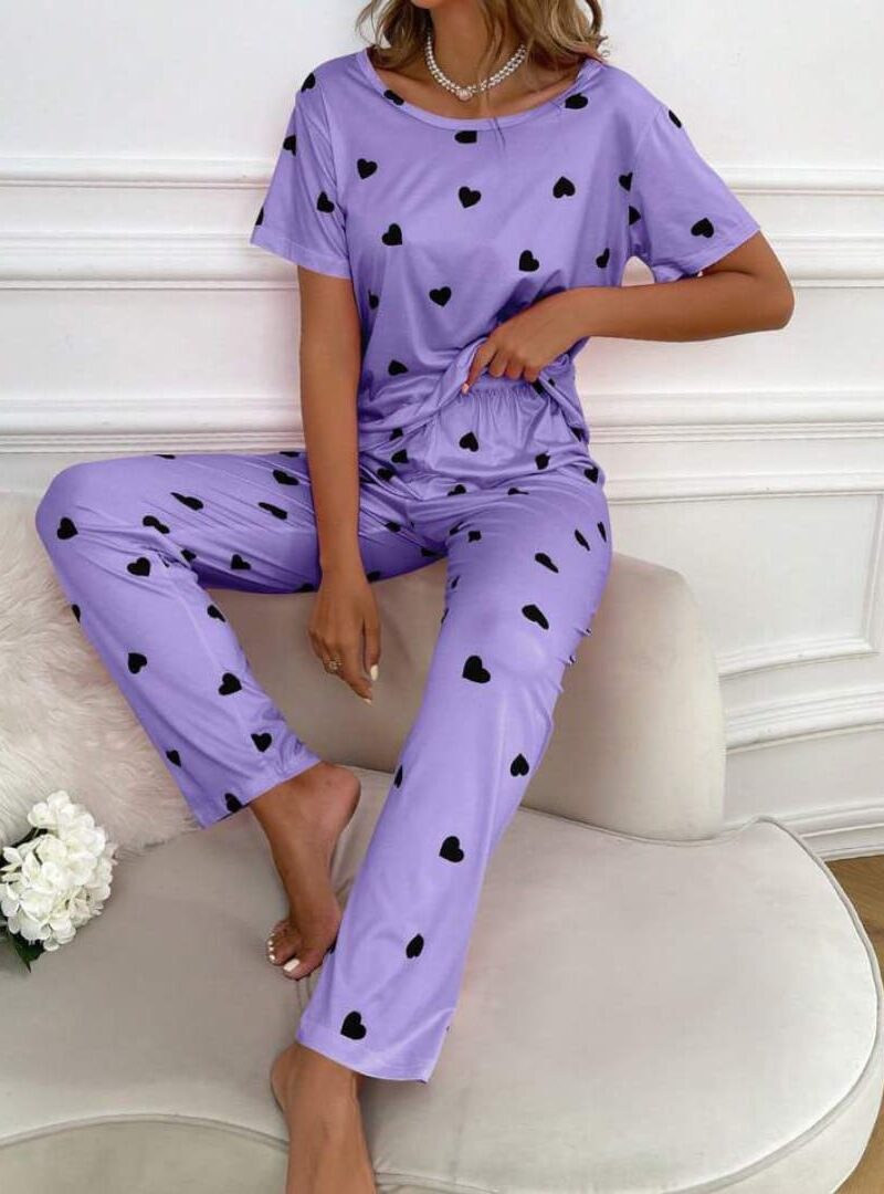 Purple With Black Hearts Print Half Sleeves T-shirt With Hearts Printed Trouser Suit