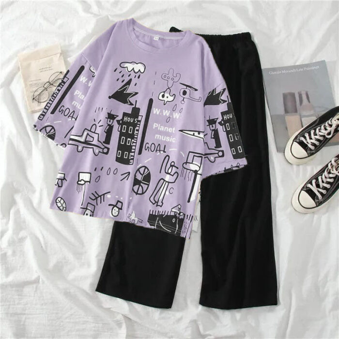 Purple Funky Multi Printed Half Sleeves T-shirt With Plain Black Trouser Suit