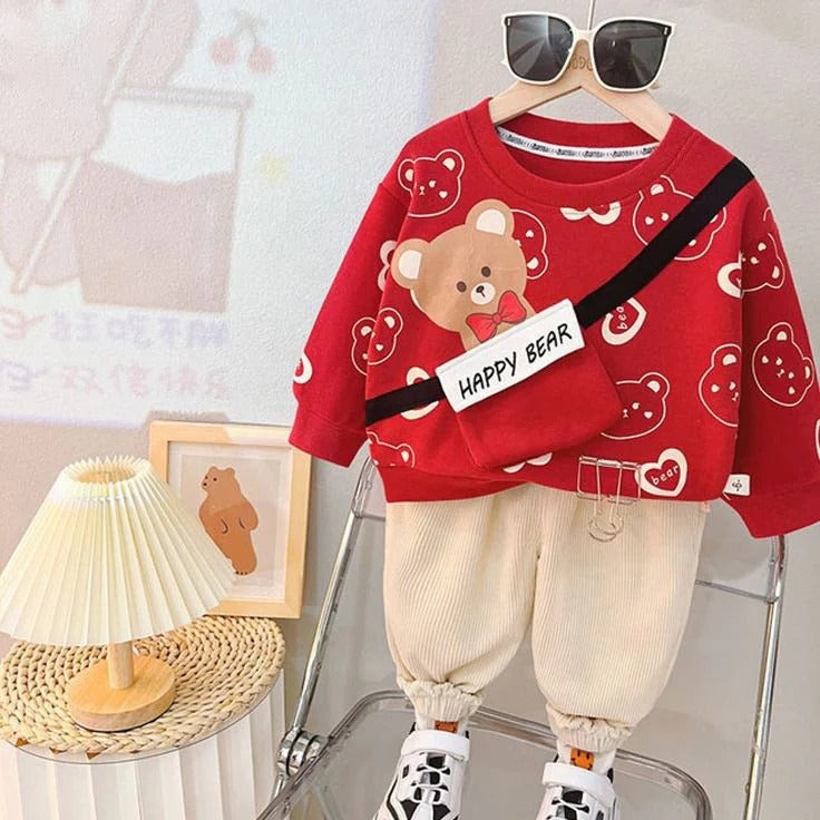 Featured image for ‘Red Happy Bear Pocket Sweatshirt with Off White Trouser For Kids Baby & Baba Both’