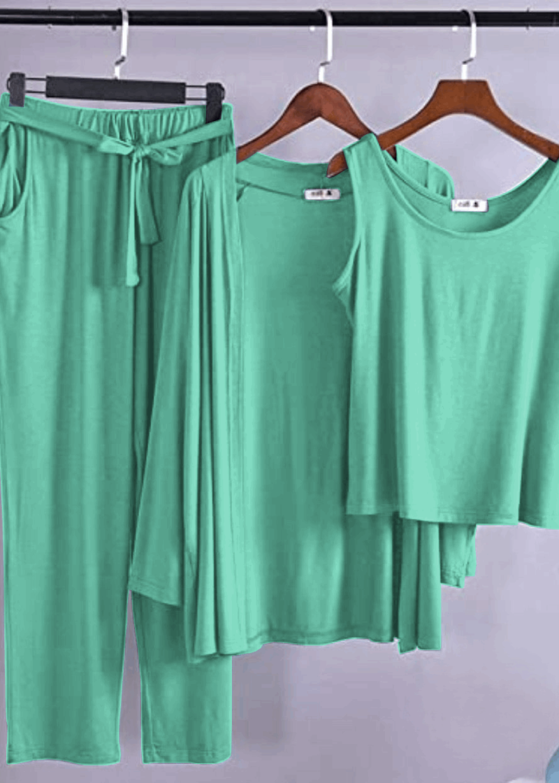 Sea Green Long Sleeve Gown with Sleeveless Inner Women Night Suit PJ Set 3 Pieces