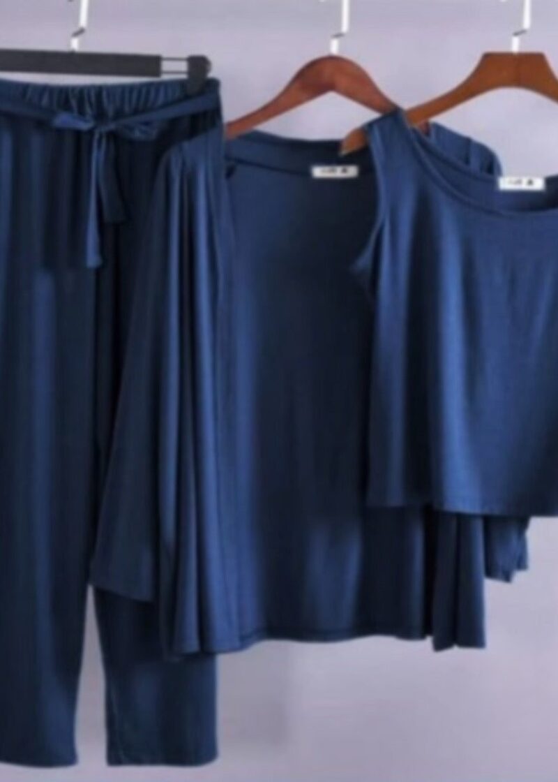 Royal Blue Long Sleeve Gown with Sleeveless Inner Women Night Suit PJ Set 3 Pieces