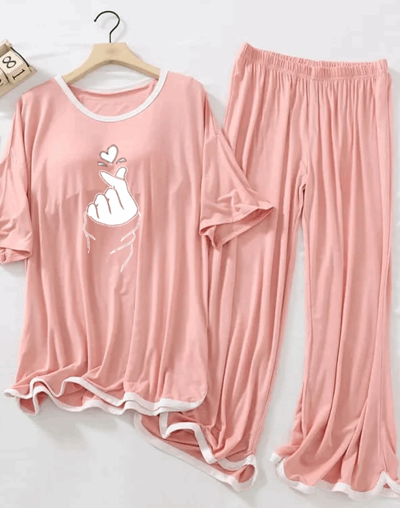 Rose Pink Finger Love Half Sleeves Plazzo PJ Set
